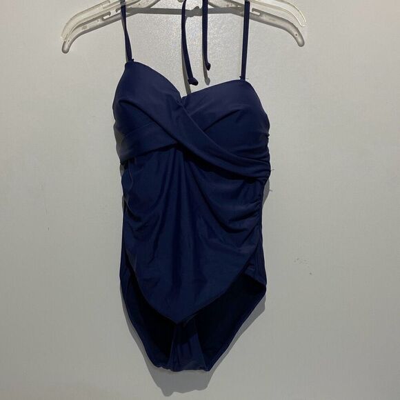 Catherine Malandrino Women's Navy Twisted Ruched Bandeau Swimsuit Sz Medium NWT - Picture 1 of 8